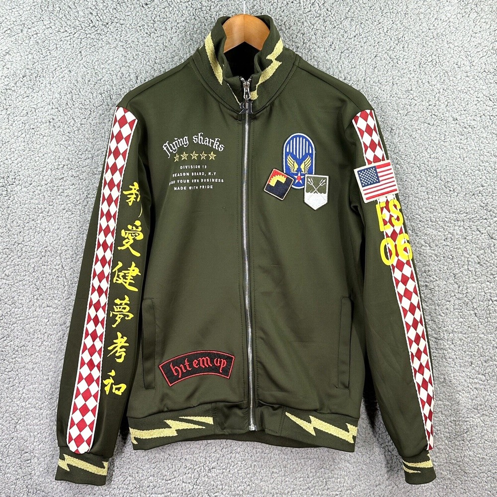 Reason Flying Sharks Size S Allover Patches Olive Green Full Zipper Jacket